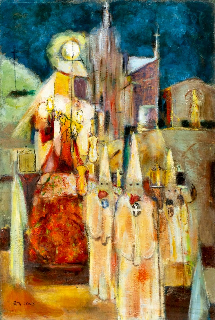 Ruth Lewis (NY,1905-1963) oil painting: ARTIST: Ruth Cohen Lewis (New York, 1905 - 1963) TITLE: Ku Klux Klan Procession MEDIUM: oil on board CONDITION: Few very minor paint losses. No visible inpaint under UV li