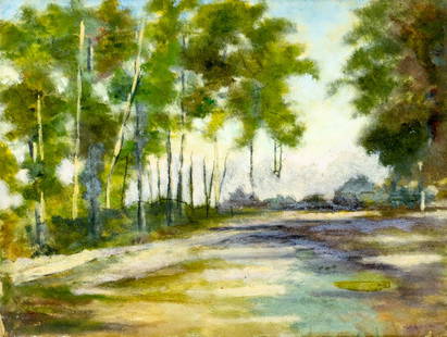 Antique early 20C American oil painting: ARTIST: - (American, early 20 century) TITLE: Countryside Landscape MEDIUM: oil on board CONDITION: Minor damages to corners. Missing a few flakes of paint by the right ed