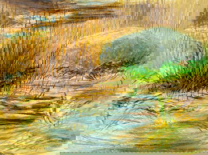 Robert Angeloch (NY,1922-2011) oil painting: ARTIST: Robert Henry Angeloch (New York, 1922 - 2011) TITLE: Marsh Landscape (titled on verso) YEAR: 1961 MEDIUM: oil on board CONDITION: Few minor paint losses mostly along edges. No visible