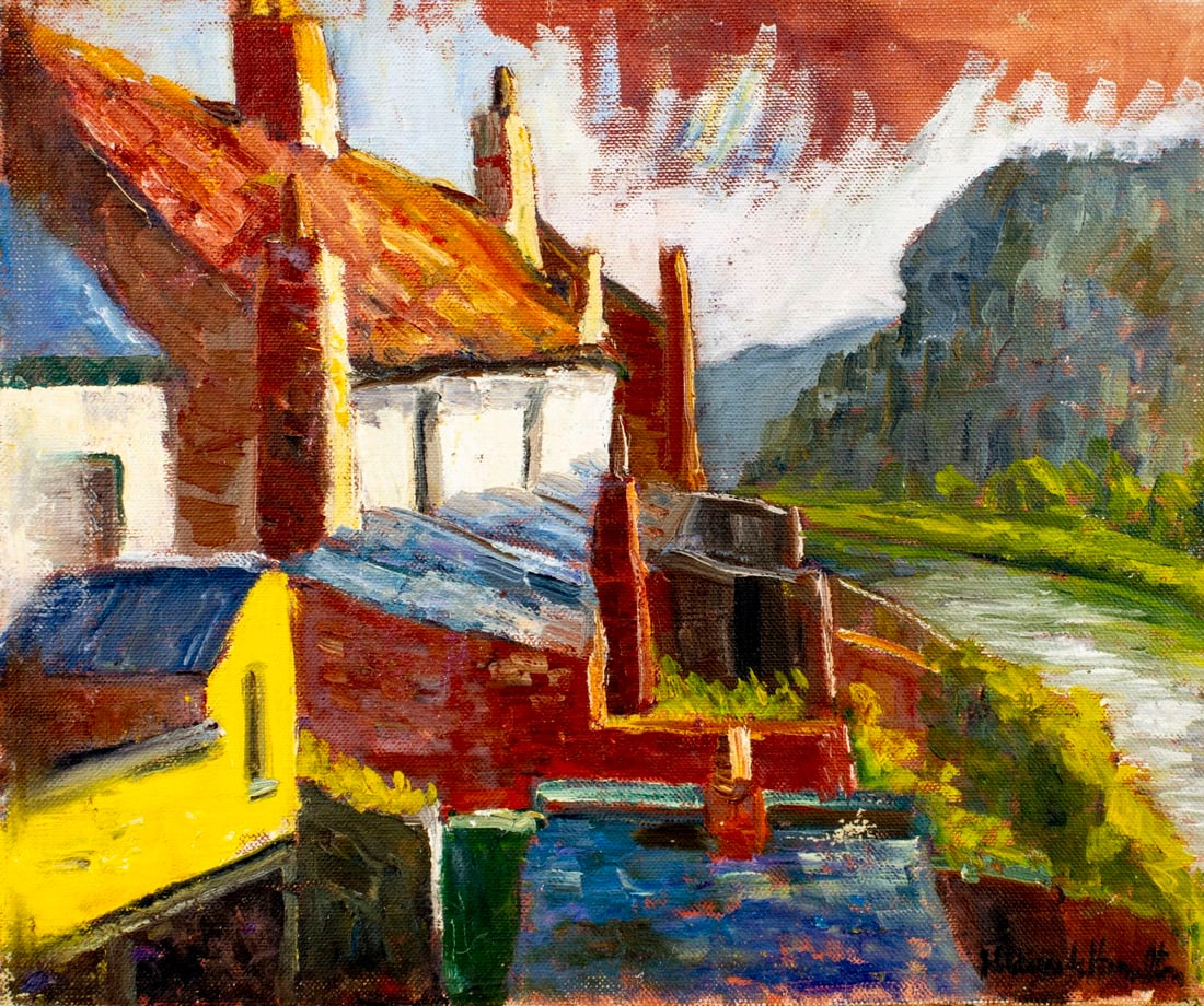 Hildegarde Hamilton (FL,VA,1898-1970) oil painting: ARTIST: Hildegarde Hume Hamilton (Florida, Virginia, 1898 - 1970) TITLE: Mountain Town Landscape MEDIUM: oil on canvas CONDITION: Some paint losses. Minor craquelure. Some