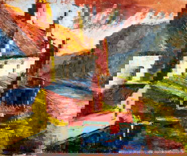 Hildegarde Hamilton (FL,VA,1898-1970) oil painting: ARTIST: Hildegarde Hume Hamilton (Florida, Virginia, 1898 - 1970) TITLE: Mountain Town Landscape MEDIUM: oil on canvas CONDITION: Some paint losses. Minor craquelure. Some