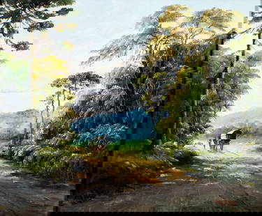 George Deaca (Romania,20C) oil painting: ARTIST: George Deaca (Romanian, 20 century) TITLE: Forest Road Landscape with Horse Wagon MEDIUM: oil on canvas board CONDITION: One small faint scratch. No visible inpaint under UV light. Wear to