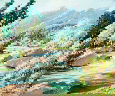 William McDermitt (CA,IL,1884-1961) oil painting: ARTIST: William Thomas McDermitt (California, Illinois, 1884 - 1961) NAME: River Landscape YEAR: 1950 MEDIUM: oil on canvas CONDITION: One patch. Minor paint losses along