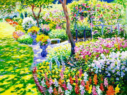 Wabe (US,20C) oil painting: ARTIST: Wabe (American, 20 century) TITLE: The Garden with the Morning Light (titled on verso) YEAR: 1994 MEDIUM: oil on canvas CONDITION: Unstretched (I
