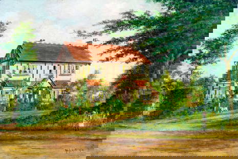 W H Hill (UK,early 20C) oil painting antique: ARTIST: W H Hill (British, early 20 century) TITLE: Cottage Landscape YEAR: 1912 MEDIUM: oil on canvas CONDITION: Relined. Few minor paint losses. Very m