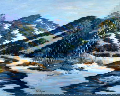 George Holloway (NJ,20C) oil painting: ARTIST: George Holloway (New Jersey, 20 century) TITLE: Winter Stream Landscape MEDIUM: oil on canvas CONDITION: Few faint scratches. No visible inpaint under UV light. Norm