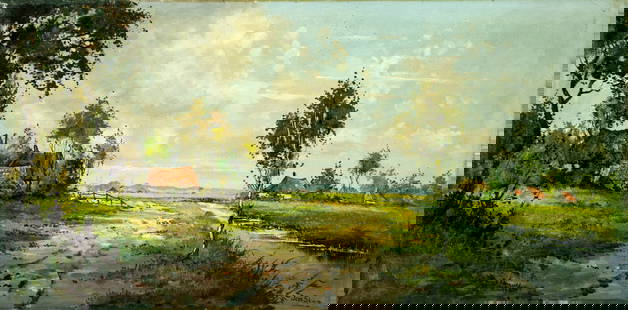 Joseph Stam (Europe,20C) oil painting: ARTIST: Joseph Stam (European, 20 century) TITLE: Countryside River Landscape MEDIUM: oil on canvas CONDITION: Some small damages to right edge of canvas. Minor scratches/pa