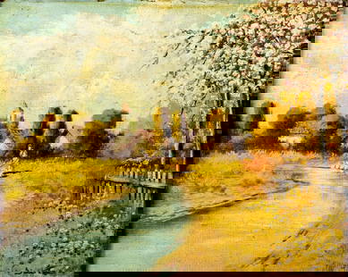 Vintage 20C Hungarian oil painting signed: ARTIST: - (Hungary, 20 century) TITLE: Country Stream Landscape MEDIUM: oil on canvas CONDITION: Missing a few flakes of paint. Minor craquelure. No visible inpaint under