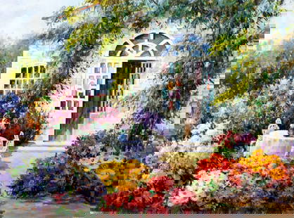 Sang M Lee (South Korea,US,b 1949) oil painting: ARTIST: Sang M Lee (South Korean, American, born 1949) TITLE: Flower Backyard Landscape MEDIUM: oil on canvas CONDITION: Unstretched (In-House stretching available). Overall