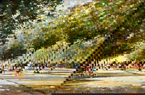 John Horwood (UK,1934-1994) oil painting: ARTIST: John Anthony Horwood (United Kingdom, 1934 - 1994) TITLE: Park Landscape YEAR: 1975 MEDIUM: oil on canvas CONDITION: Very good. No visible inpa