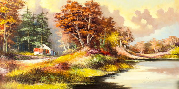 Lewis (Europe,20C) oil painting: ARTIST: Lewis (Europe, 20 century) NAME: Autumn Lake Landscape MEDIUM: oil on canvas CONDITION: Very good. No visible inpaint under UV light. SIGHT SIZE: 24 x 48 inches / 60 x 121 cm <