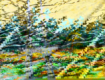 Hills (US,20C) oil painting: ARTIST: Hills (American, 20 century) TITLE: Forest Landscape MEDIUM: oil on board CONDITION: Some surface cracks. No visible inpaint under UV light. ART SIZE: