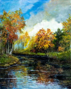 Viktor Ilyushkin (Russia,b 1946) oil painting: ARTIST: Viktor Nikolayevich Ilyushkin (Russian, born 1946) TITLE: Autumn Landscape (titled on verso) MEDIUM: oil on canvas CONDITION: Unstretched (In-House stretching availa