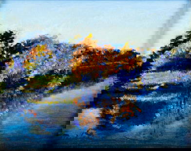 David Zimmerman (NC,b 1946) oil painting 126384: ARTIST: David Zimmerman (North Carolina, born 1946) TITLE: Landscape - Strawberry Fields Forever (titled on label) YEAR: 1998 MEDIUM: oil on board CONDITION: