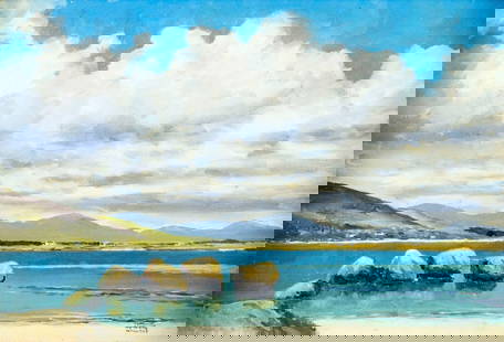 Terence Atridge Williams (Irish,20/21C) oil painting: ARTIST: Terence Atridge Williams (Ireland, 20/21 centuries) TITLE: Mountain Lake Landscape MEDIUM: oil on board CONDITION: Very good. No visible inpaint under UV light. Wear