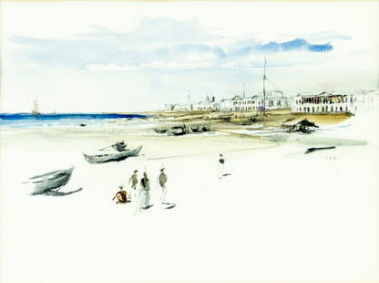 Ian Marshall (Scotland,1933-2016) watercolor painting: ARTIST: Ian Harley Marshall (Scottish, 1933 - 2016) TITLE: Madras, The Waterfront, 1860, India MEDIUM: watercolor on paper CONDITION: Very good. Framed under glass. Wear t