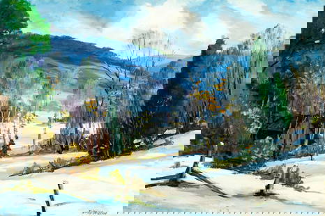 Judd Wilson (NJ,20C) oil painting: ARTIST: Judd Wilson (New Jersey, 20 century) TITLE: Winter Landscape MEDIUM: oil on board CONDITION: Few minor paint losses. No visible inpaint under UV light. AR