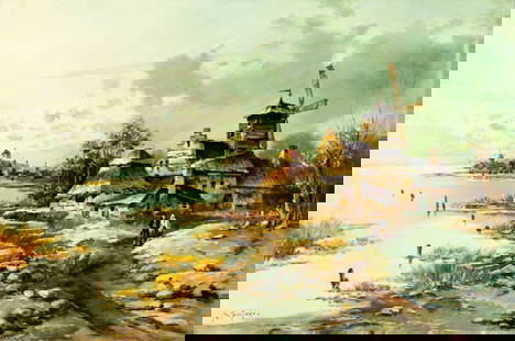 Scalvini (Europe,20C) oil painting: ARTIST: Scalvini (European, 20 century) TITLE: Winter Village Landscape MEDIUM: oil on canvas CONDITION: Unstretched (In-House stretching available). Few minor paint losses.