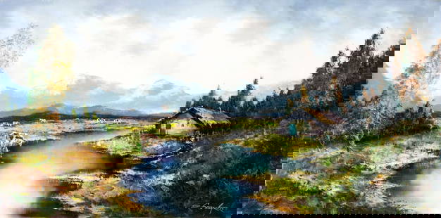 S Laufer (Europe,20C) oil painting: ARTIST: S Laufer (European, 20 century) NAME: Alpine River Landscape MEDIUM: oil on canvas CONDITION: Very good. No visible inpaint under UV light. SIGHT SIZE: 24 x 48 inches / 60 x 121
