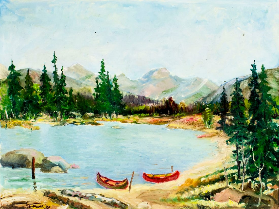Zdenek Suancar (Czech,20C) oil painting: ARTIST: Zdenek Suancar (Czech Republic, 20 century) NAME: Lake Landscape YEAR: 1978 MEDIUM: oil on canvas CONDITION: Unstretched (In-House stretching available). Very goo