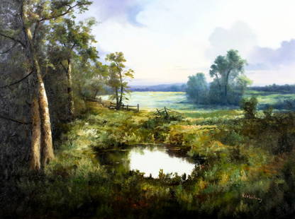 Ron Williams (TN,1947-2016) oil painting: ARTIST: Ron Williams (Tennessee, 1947 - 2016) TITLE: Countryside Landscape MEDIUM: oil on canvas CONDITION: Overall good. No visible inpaint under UV light. Normal wear al