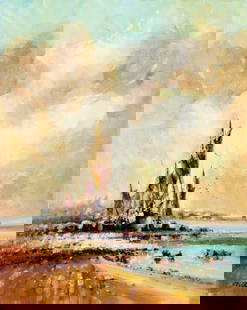 Laszlo Ritter (Hungary,1937-2003) oil painting: ARTIST: Laszlo Michael Ritter (Hungarian, 1937 - 2003) NAME: Coastal Landscape with Fishing Boats MEDIUM: oil on canvas CONDITION: Unstretched (In-House stretching available). Very good. No