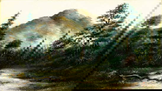 E R Walden (US,19C) oil painting antique: ARTIST: E R Walden (American, 19 century) TITLE: Fall River Landscape, Estes Park, Colorado (titled on verso) MEDIUM: oil on canvas CONDITION: Relined. Few very minor paint
