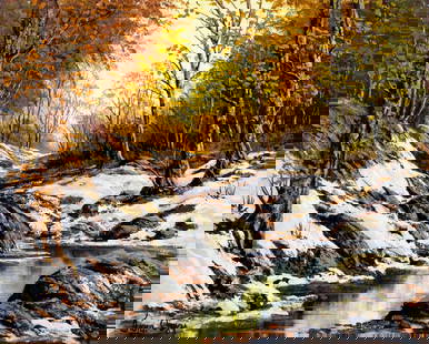 Fiora Cozzi (NY,1922-1992) oil painting: ARTIST: Fiora Cozzi (New York, 1922 - 1992) TITLE: Autumn Forest Stream Landscape MEDIUM: oil on canvas CONDITION: Unstretched (In-House stretching available). Some small