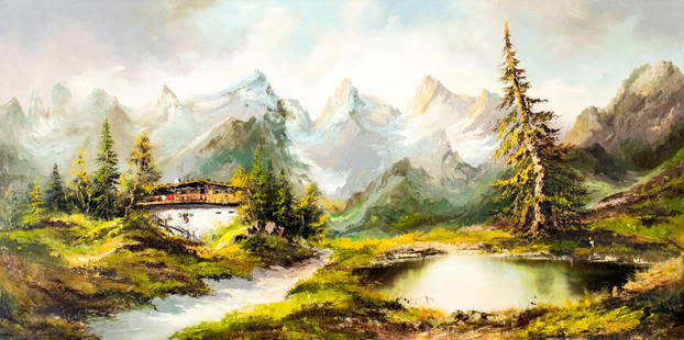 Vintage 20C European oil painting signed: ARTIST: - (Europe, 20 century) NAME: Alpine Landscape with Cabin MEDIUM: oil on canvas CONDITION: Missing a few flakes of paint. No visible inpaint under UV light. SIGHT SIZE: 24 x 48 inc