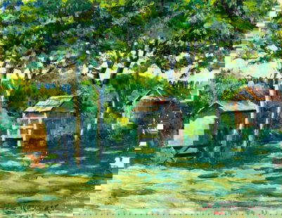 M Sprusiak (Polish,early 20C) oil painting antique: ARTIST: M Sprusiak (Poland, early 20 century) TITLE: Garden Landscape with Beehives MEDIUM: oil on canvas. Canvas applied to board. CONDITION: Some small paint losses mostl