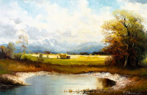 Helmut Stadelhofer (German,1914-1979) oil painting: ARTIST: Helmut Stadelhofer (Germany, 1914 - 1979) TITLE: Mountain Lake Landscape with Hay Wagon MEDIUM: oil on canvas CONDITION: Unstretched (In-House stretching available). Some small paint
