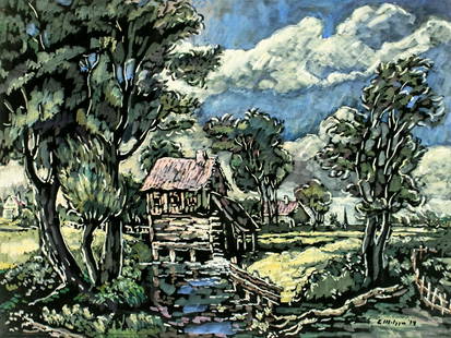 Evelyn Metzger (NY,Brazil,1911-2007) oil painting: ARTIST: Evelyn Borchard Metzger (New York, Brazilian, 1911 - 2007) TITLE: Country Landscape YEAR: 1994 MEDIUM: oil on board CONDITION: Some faint scrat