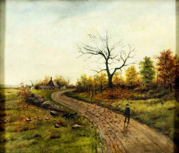 J A Hackenberg (US,19/20C) oil painting antique: ARTIST: J A Hackenberg (American, 19/20 centuries) TITLE: Autumn Country Landscape MEDIUM: oil on board CONDITION: Few minor paint losses. Some scattered inpaintings. Wear to frame. ART SIZE: 14 x 16