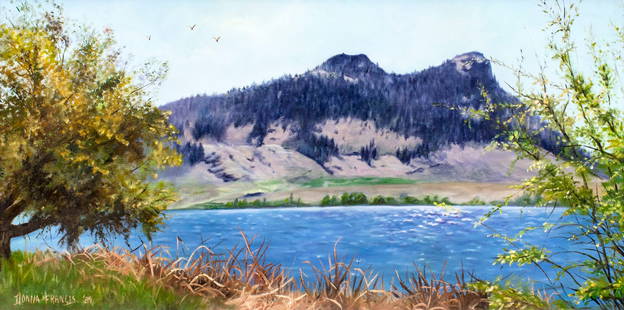 Donna Francis (WA,20C) oil painting: ARTIST: Donna Francis (Washington, 20 century) NAME: Landscape YEAR: 1989 MEDIUM: oil on canvas CONDITION: Very good. No visible inpaint under UV light. SIGHT SIZE: 12 x 24 inches / 30 x 60 cm FRAME