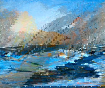 Robert Waltsak (NJ,b 1944) oil painting: ARTIST: Robert Alan Waltsak (New Jersey, born 1944) TITLE: Winter Bridge Landscape MEDIUM: oil on canvas CONDITION: Very good. No visible inpaint under UV light. Normal wear along edges. ART SIZE: 20