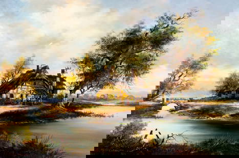 Meiek-Lingen (Europe,20C) oil painting: ARTIST: Meiek - Lingen (European, 20 century) TITLE: River Village Landscape MEDIUM: oil on canvas CONDITION: Unstretched (In-House stretching available). Some paint losses.
