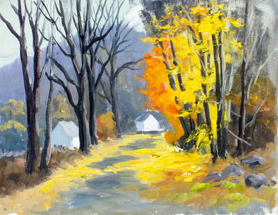 George Holloway (NJ,20C) oil painting: ARTIST: George Holloway (New Jersey, 20 century) TITLE: Autumn Landscape with Houses MEDIUM: oil on canvas board CONDITION: Overall good. No visible inpaint under UV light. ART SIZE: 14 x 18 inches /