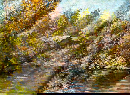 Alfonso (US,20C) oil painting: ARTIST: Alfonso (American, 20 century) TITLE: Autumn Lake Landscape MEDIUM: oil on board CONDITION: Very good. No visible inpaint under UV light. Wear to frame. ART SIZE: 12 x 16 inches / 30 x 40 cm