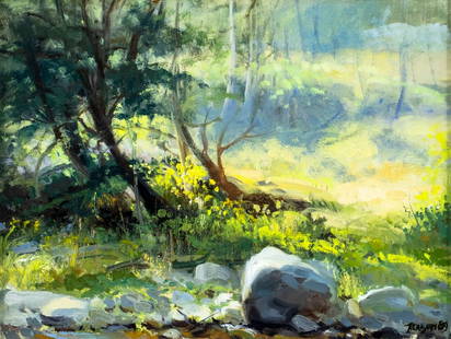 George Kerasiotis (NY,b 1950) oil painting: ARTIST: George Kerasiotis (New York, born 1950) TITLE: Forest Landscape YEAR: 1989 MEDIUM: oil on board CONDITION: Overall good. No visible inpaint under