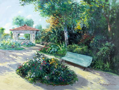 Robert Lui (Vietnam,NY,b 1951) oil painting: ARTIST: Robert Lui (Vietnamese, New York, born 1951) TITLE: Garden Landscape with Gazebo MEDIUM: oil on canvas CONDITION: Unstretched (In-House stretching available). Few mi