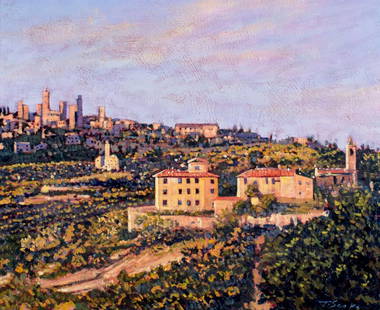 Tim Saska (TX,1935-2006) oil painting: ARTIST: Tim Saska (Texas, 1935 - 2006) NAME: Landscape - San Gimignano, Italy MEDIUM: oil on canvas CONDITION: Very good. No visible inpaint under UV light. SIGHT SIZE: 16 x 20 inches / 4