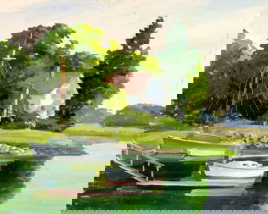 George Holloway (NJ,20C) oil painting: ARTIST: George Holloway (New Jersey, 20 century) TITLE: River Landscape with Boats MEDIUM: oil on canvas board CONDITION: Some small scratches/paint losses. No visible inpai
