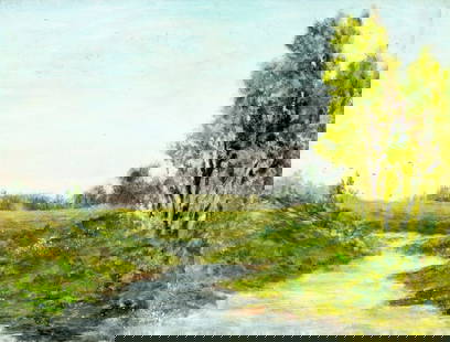 Antique early 20C American oil painting: ARTIST: - (American, early 20 century) TITLE: Stream Landscape MEDIUM: oil on board CONDITION: Minor scratches/paint losses. No visible inpaint under UV light. Normal wear