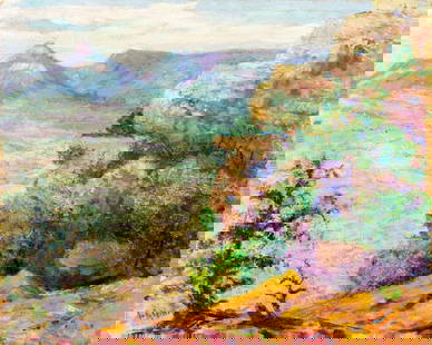 Lester Gillette (KS,MA,OH,1855-1940) oil painting antique: ARTIST: Lester A Gillette (Kansas, Massachusetts, Ohio, 1855 - 1940) NAME: Landscape - A Bit of New Mexico Color (titled on verso) YEAR: 1925 MEDIUM: oil on board CONDITION:
