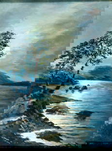 Vintage mid 20C American oil painting signed: ARTIST: - (American, mid 20 century) TITLE: Moonlit Coastal Landscape MEDIUM: oil on canvas CONDITION: Overall good. No visible inpaint under UV light. Minor damages to fr