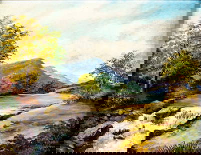 Mary Adrian (US,mid 20C) oil painting: ARTIST: Mary Adrian (American, mid 20 century) TITLE: Mountain River Landscape YEAR: 1962 MEDIUM: oil on canvas board CONDITION: Overall good. No visible