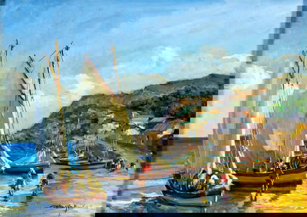 Calderon Padilla (South America,20C) oil painting antique: ARTIST: Calderon Padilla (South American, 20 century) TITLE: Coastal Landscape with Fishing Boats MEDIUM: oil on canvas CONDITION: Overall good. No visible inpaint under UV