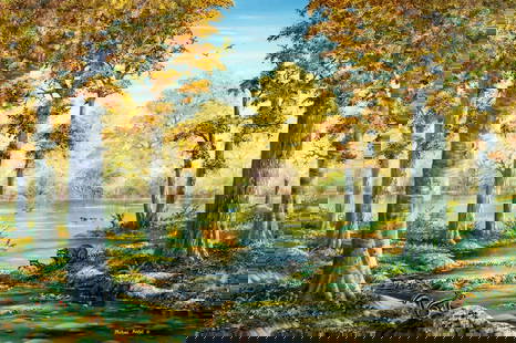 Michael Fishel (US,20C) oil painting: ARTIST: Michael Fishel (American, 20 century) TITLE: Forest River Landscape with Animals YEAR: 1981 MEDIUM: oil on canvas CONDITION: Unstretched (In-Hous