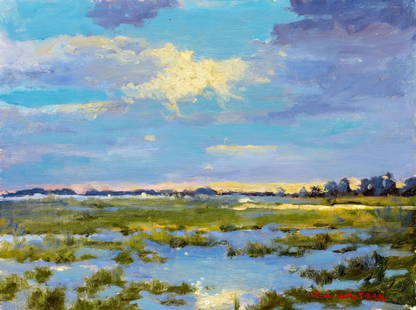 Robert Waltsak (NJ,b 1944) oil painting: ARTIST: Robert Alan Waltsak (New Jersey, born 1944) TITLE: Sunset Landscape MEDIUM: oil on board CONDITION: Overall good. No visible inpaint under UV light. Normal wear alon