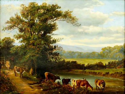 Antique 19C American oil painting: ARTIST: - (American, 19 century) TITLE: Landscape with Cows MEDIUM: oil on canvas CONDITION: One patch. Few paint losses. No visible inpaint under UV light. Some damages t